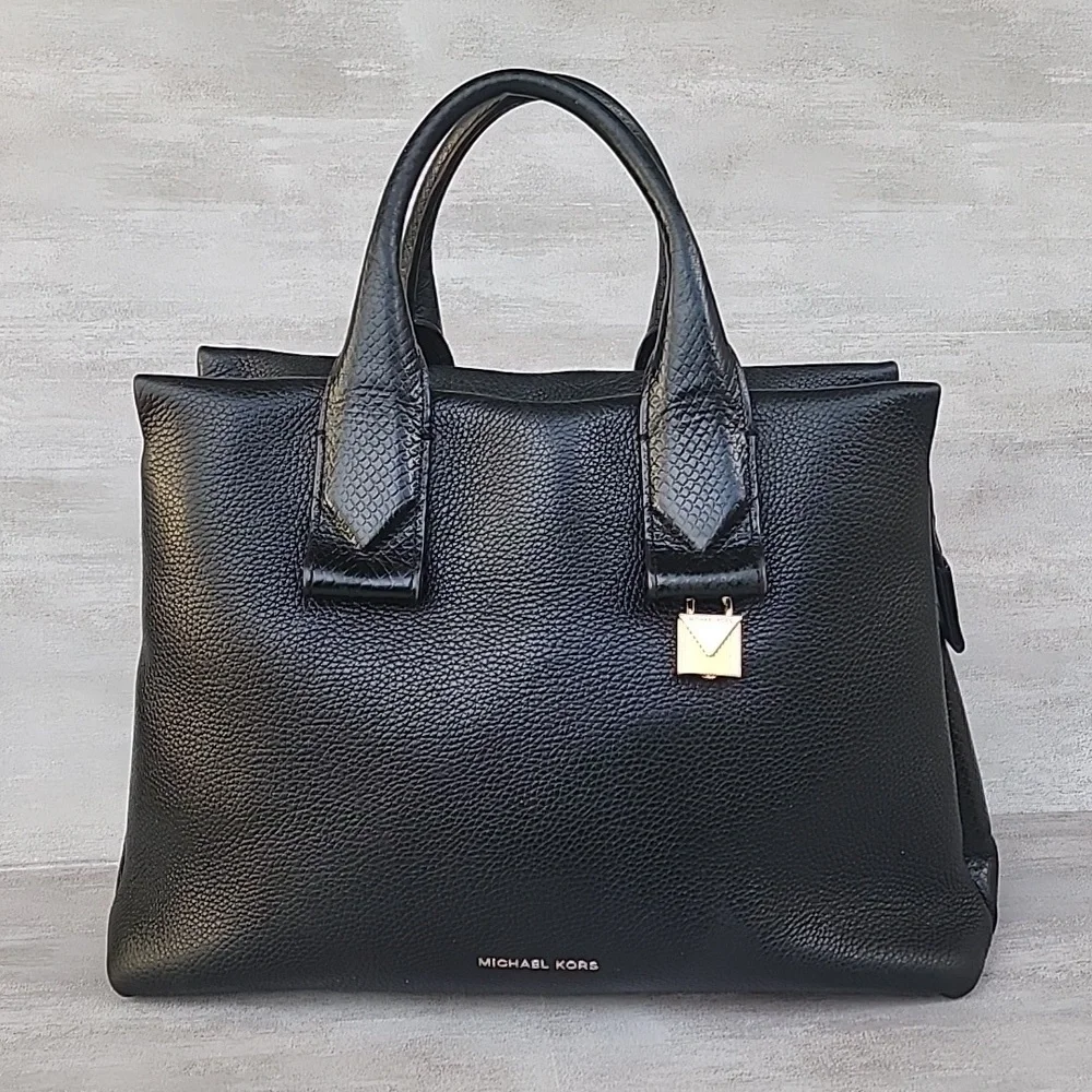 MICHAEL KORS ROLLINS SATCHEL BLACK SNAKESKIN EMBOSSED LEATHER